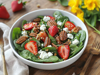 Bowl of spring salad with baby spinach, strawberries, goat cheese, and candied pecans, served on a wooden table. Bright daylight with props like fresh flowers and a linen napkin