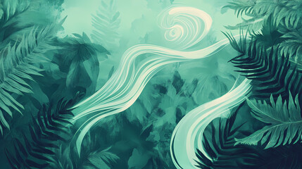 Emerald mist curling through dense ferns blending minimalism with jungle aura. Emerald Jungle. Illustration