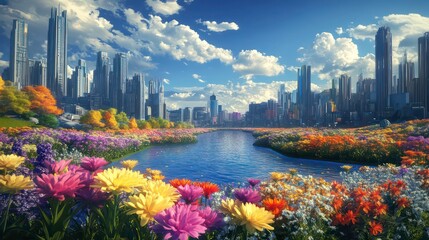 Fototapeta premium Vibrant cityscape with colorful flowers blooming along a tranquil river.