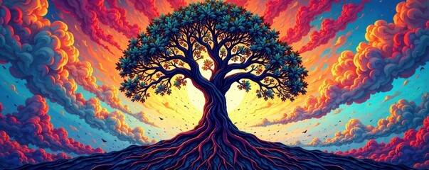 Stylized tribal tree of life, intricate roots & branches, vibrant colors, ancient, nature