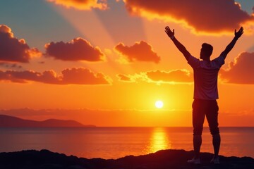 Fototapeta premium Silhouette of figure with arms raised, vibrant sunset backdrop, orange, figure
