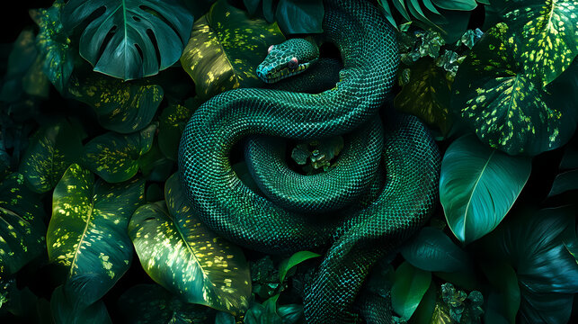 Green tree python stretched elegantly in vivid emerald scales jungle habitat wildlife photography serene environment close-up nature's beauty. Emerald Jungle. Illustration