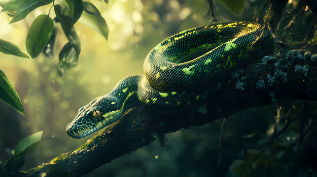 Green tree python stretched elegantly in vivid emerald scales jungle habitat wildlife photography serene environment close-up nature's beauty. Emerald Jungle. Illustration