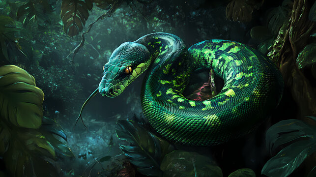 Green tree python stretched elegantly in vivid emerald scales jungle habitat wildlife photography serene environment close-up nature's beauty. Emerald Jungle. Illustration