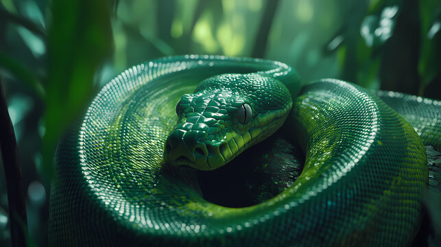 Green tree python stretched elegantly in vivid emerald scales jungle habitat wildlife photography serene environment close-up nature's beauty. Emerald Jungle. Illustration