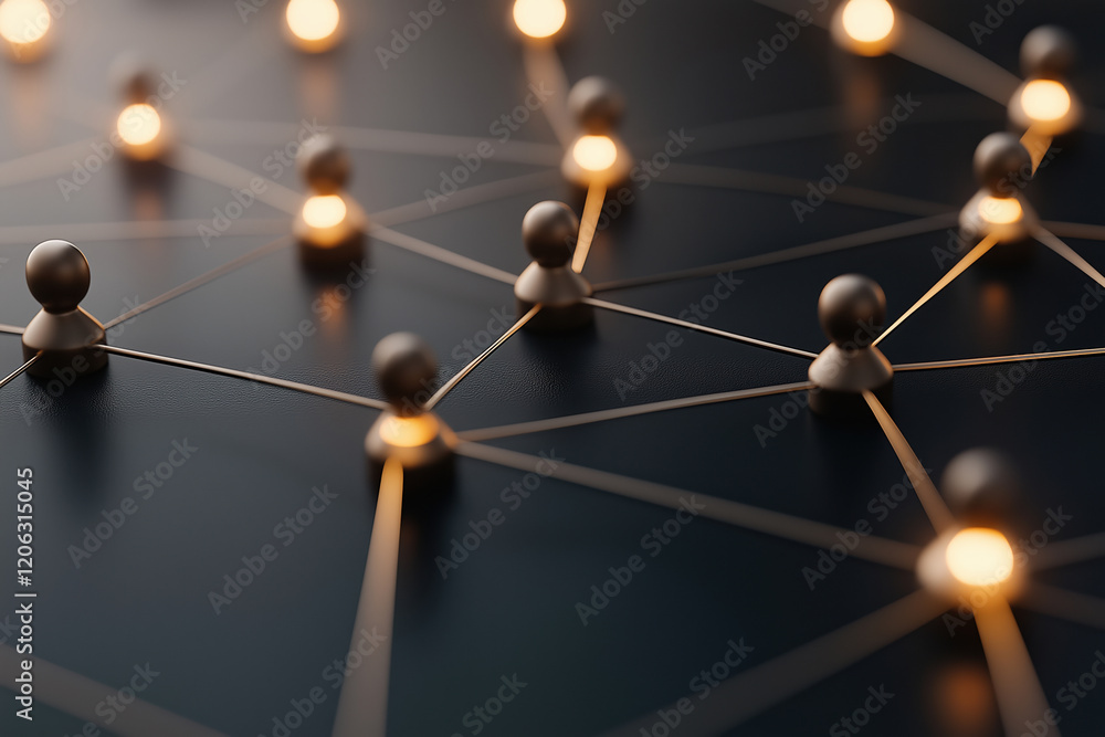 Aufkleber network of connected nodes illuminated on a dark surface in a creative layout