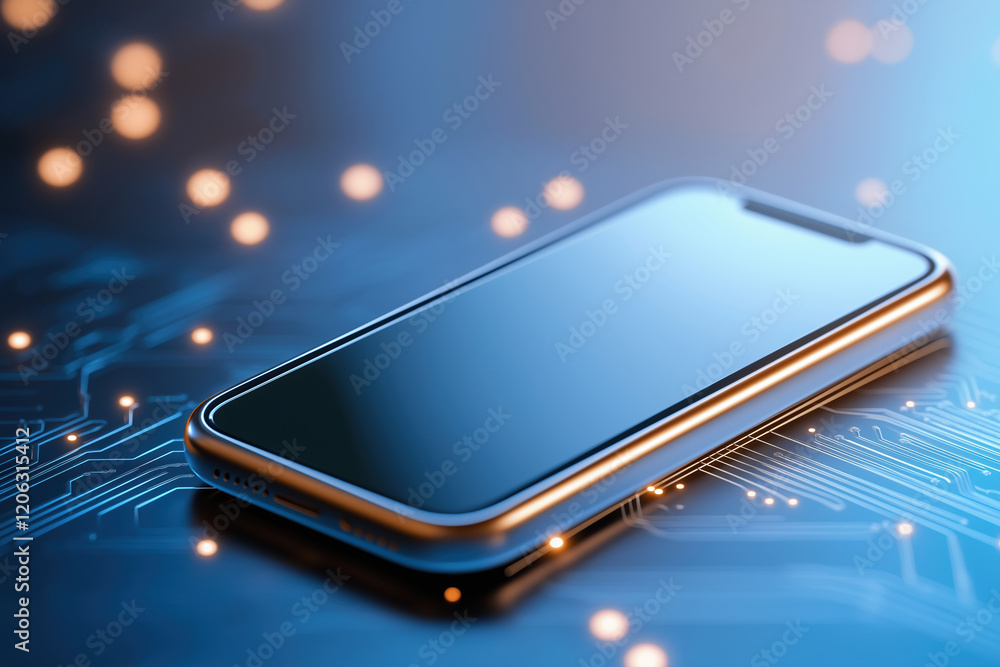 Poster high-tech smartphone resting on a circuit board in a modern digital environment