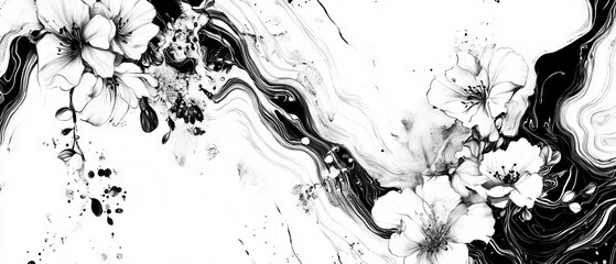 Delicate black ink patterns with floral motifs on a white background