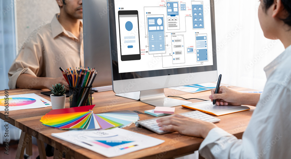 Aufkleber UX UI design process for brisk mobile application and website . Creative prototype of wireframe for professional app developer .