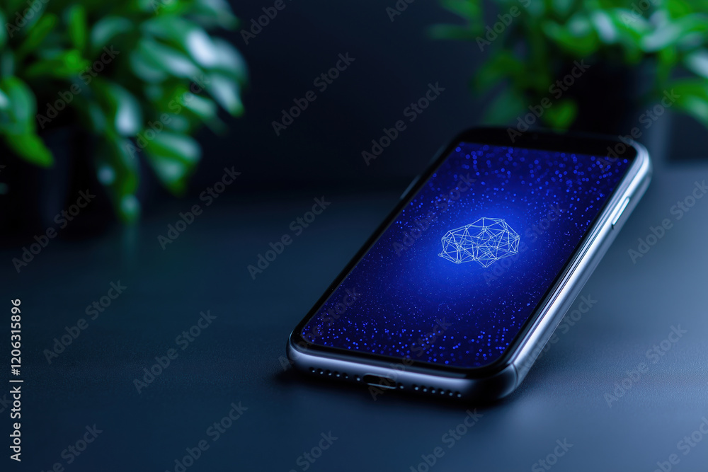Poster smartphone displaying a futuristic design against a dark background with greenery