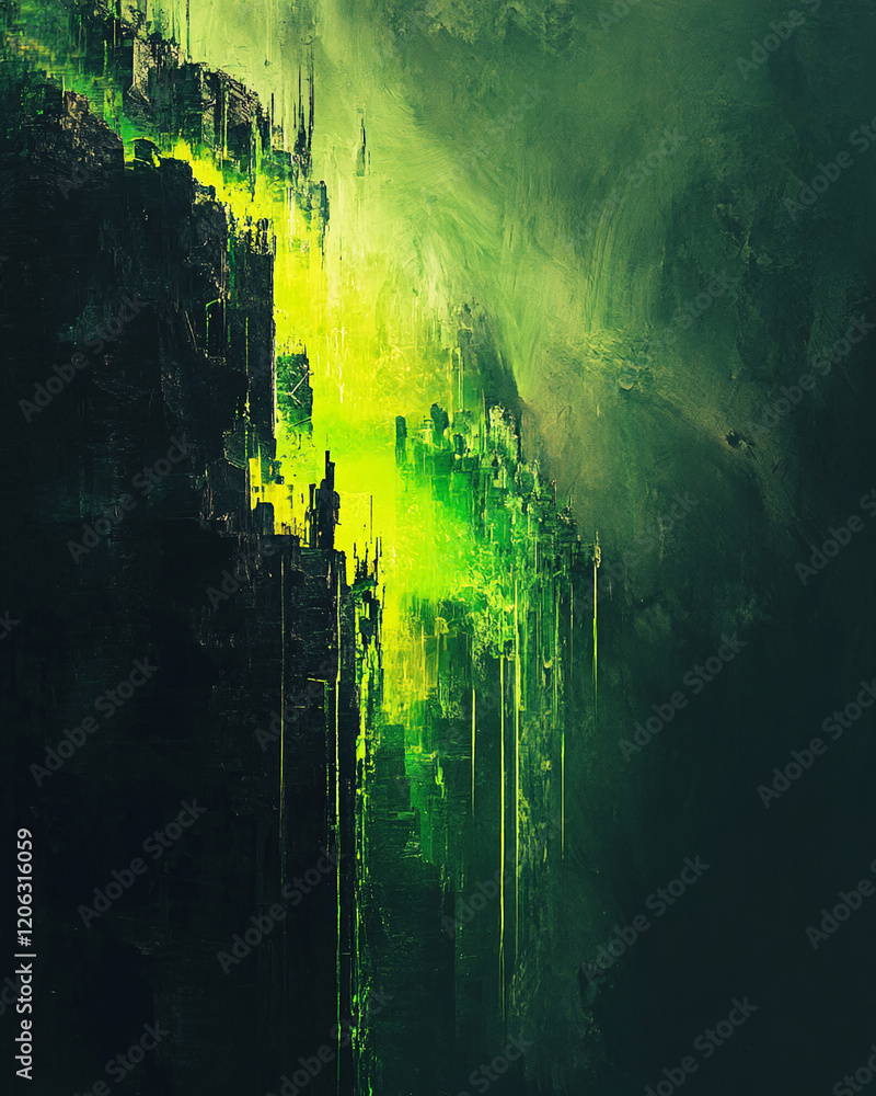 Poster abstract glowing green shards with textured dark background