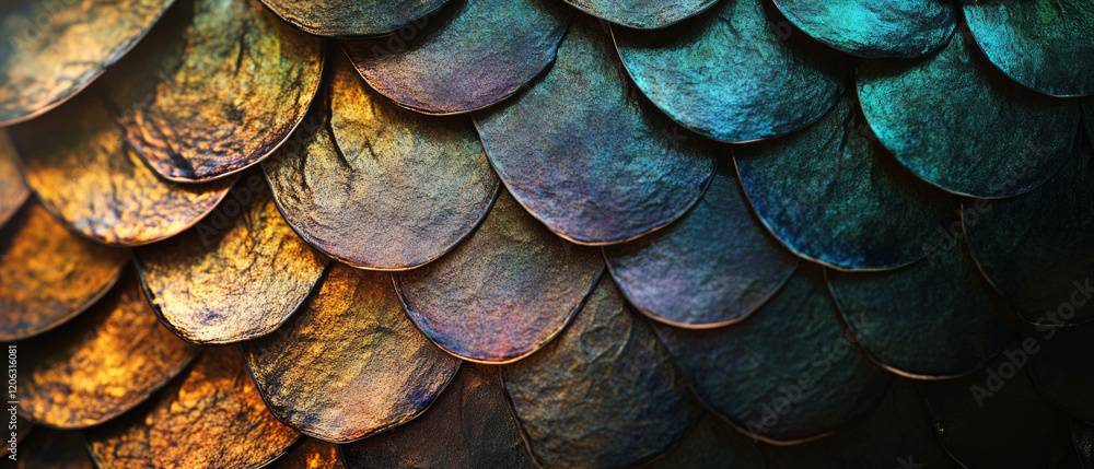 Poster iridescent fish scales showcasing intricate overlapping patterns and texture elements