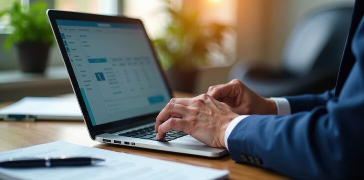 Accountant's hands using e-invoicing software on a laptop , financial, application