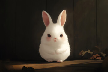 Fluffy white rabbit with pink ears and paws sitting with a somber expression on a wooden surface with dry leaves