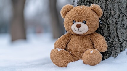 Obraz premium Snowy woods, teddy bear, winter scene, lost toy