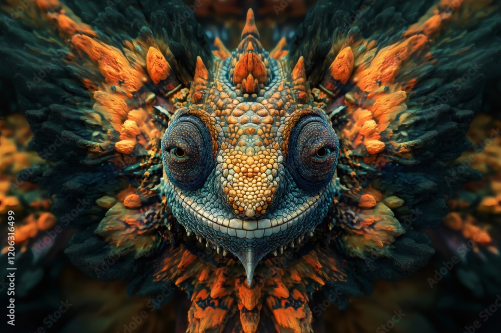 Poster colorful chameleon merging with a kaleidoscope pattern, creating a vibrant and surreal image