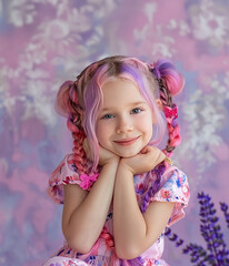 Fototapeta premium Happy Adorable Girl with purple and pink hair on Lavender background