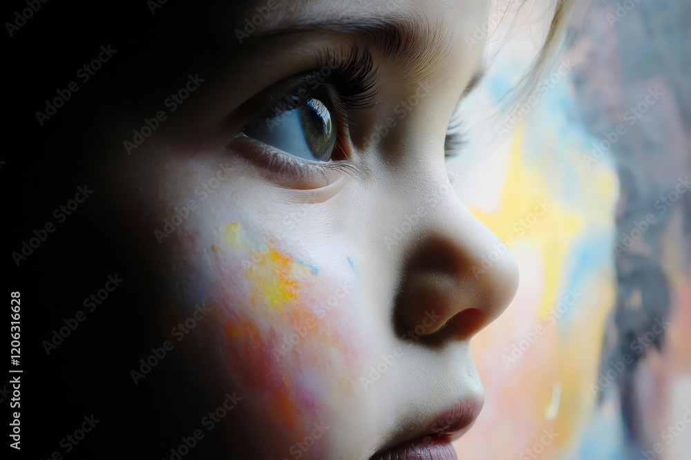 Poster close up profile of a child with a painted face, gazing towards something out of frame, expressing c