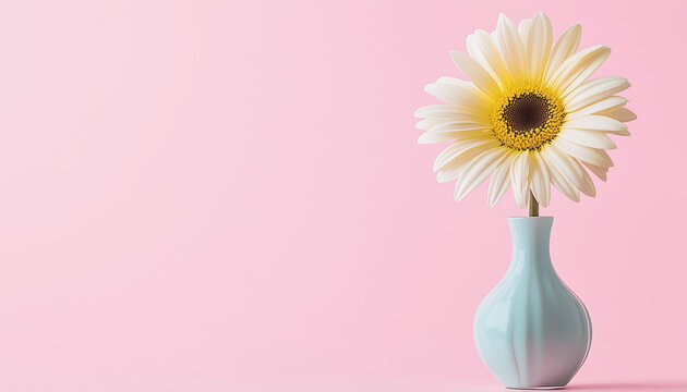 Single daisy flower in an elegant vase on a pastel pink background, minimalism and simplicity