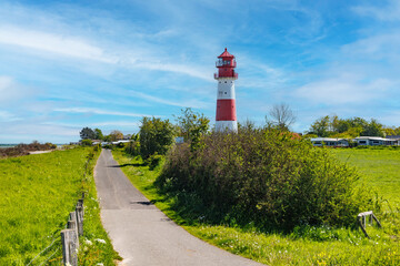 Red and white lighthouse with country road in the front