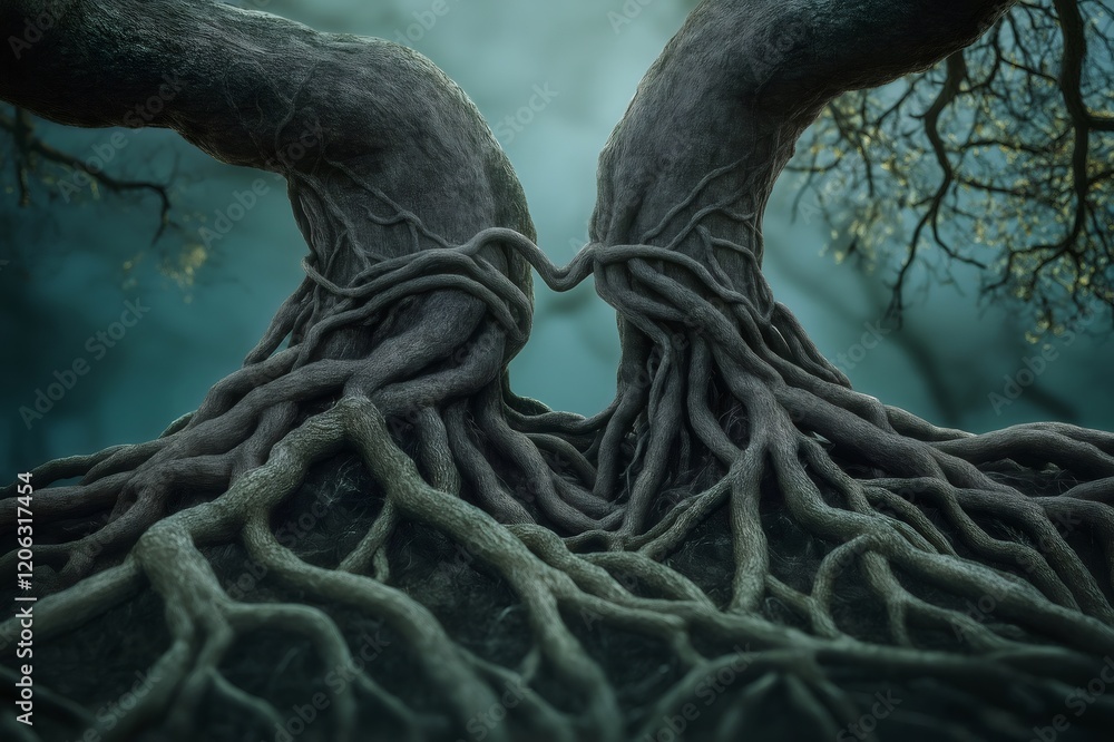 Poster intertwined roots and branches of two trees symbolize connection, unity, and strength, creating a ca