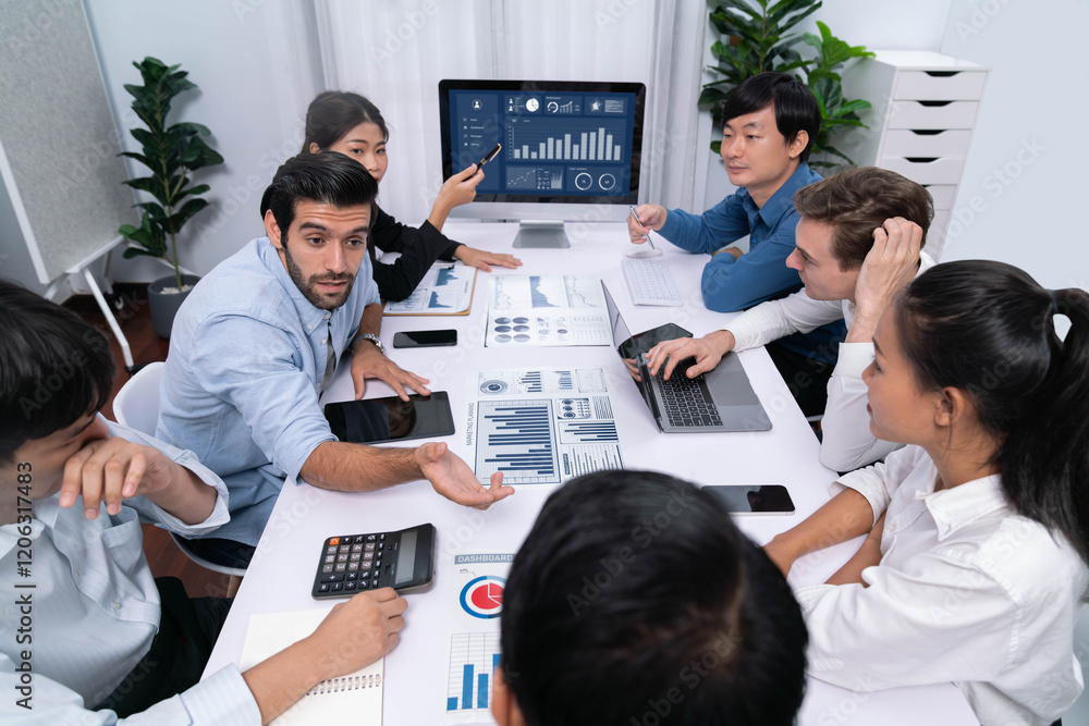 Fototapete analyst team utilizing bi fintech to analyze financial data at table in meeting room. businesspeople