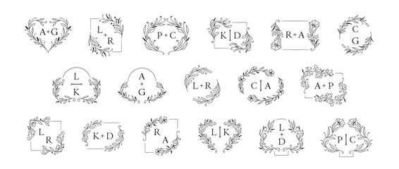 Wedding monogram logos floral decorative design with bride and groom initials and foliage ornaments