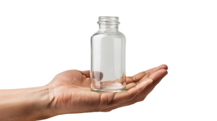 Injection glass bottle in scientist's hand on transparent background 