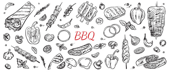 Barbeque street food collection in brush stroke texture isolated on white background. Hand drawn vector sketch illustration in vintage charcoal ink style. Shawarma, doner kebab, pita, meat on skewer