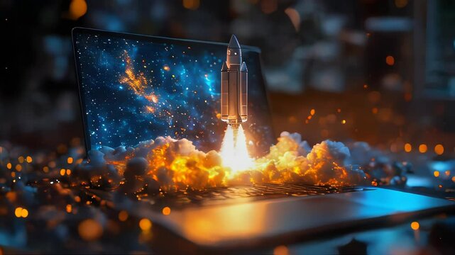 A rocket launching from a laptop keyboard, symbolizing online business growth, innovation, and technology