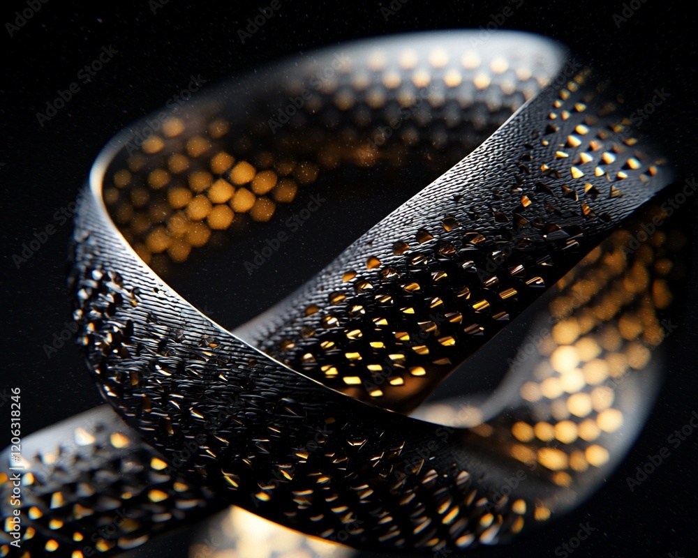 Poster abstract black metallic loop with gold perforations on dark background.