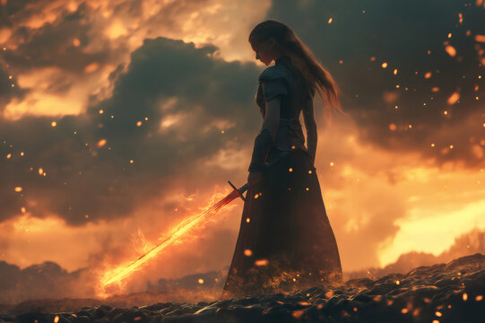 Powerful female warrior holding a flaming sword in a dramatic battlefield scene under a fiery sunset sky