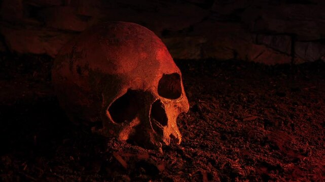 Old Skull On The Ground In Fire Glow
