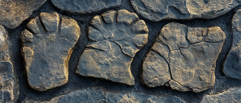 Aufkleber unique textures and patterns of footprints in varying sizes on uneven stone surface