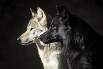 Close up of two wolves, one light and one dark, looking in the same direction on a black background