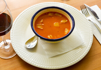 Broth Olla Morellana with beans and vegetables, dish of Spanish cuisine