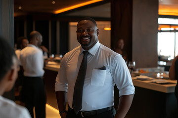 Elegant event featuring a smiling man in a formal shirt and tie at a modern venue