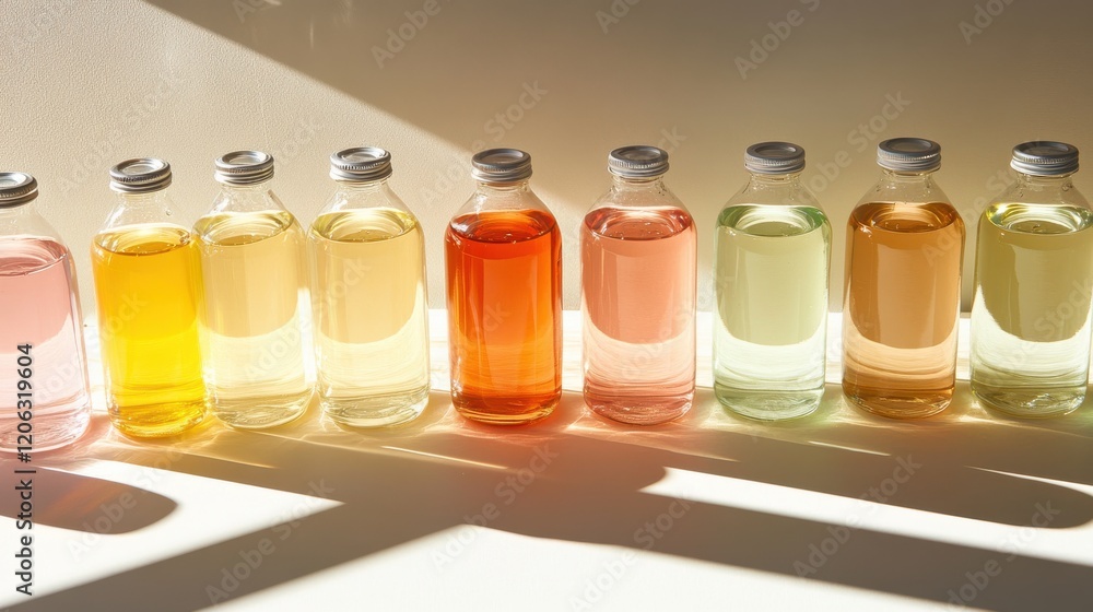 Aufkleber colorful array of bottled beverages illuminated by sunlight on a clean surface