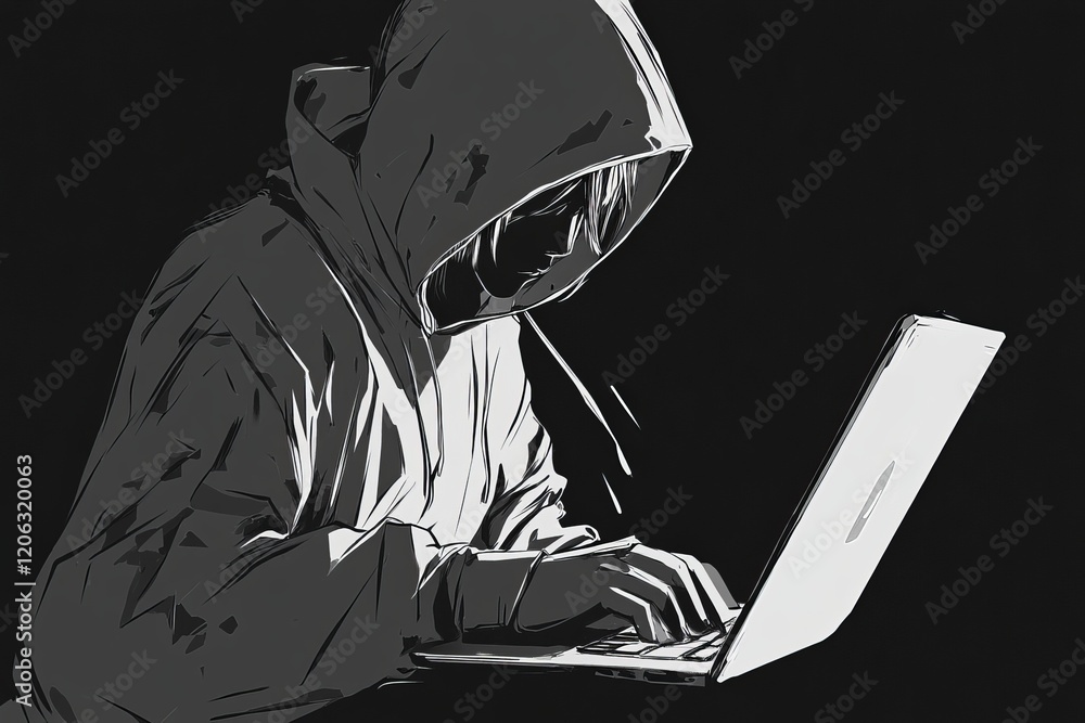 Poster mysterious hacker silhouette digital art dark hooded figure working on laptop computer in shadows gr