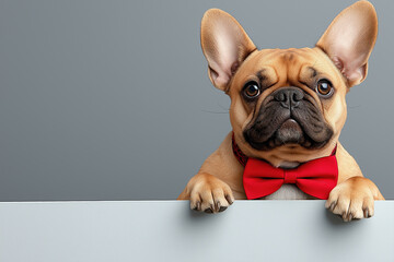 Dog wears a red bow tie while peeking over a gray surface in a studio