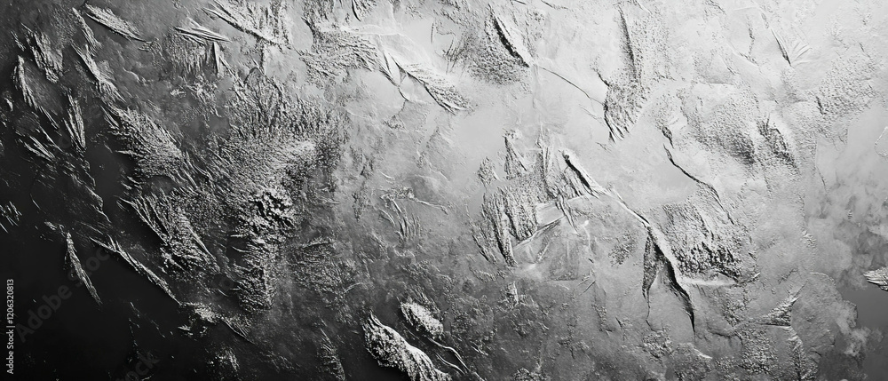 Poster frost patterns create intricate textures on a delicate icy surface in winter