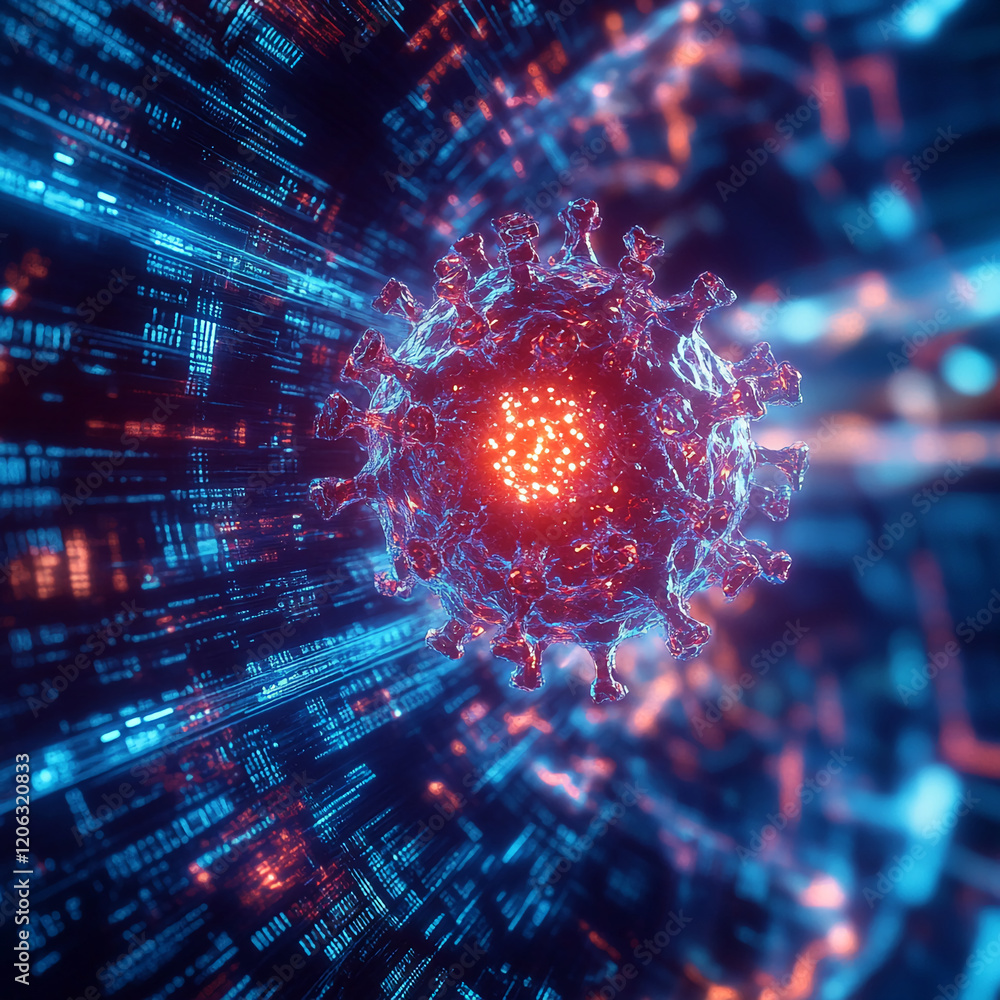 Poster 3D digital rendering of a virus with futuristic data background, glowing and intricate design