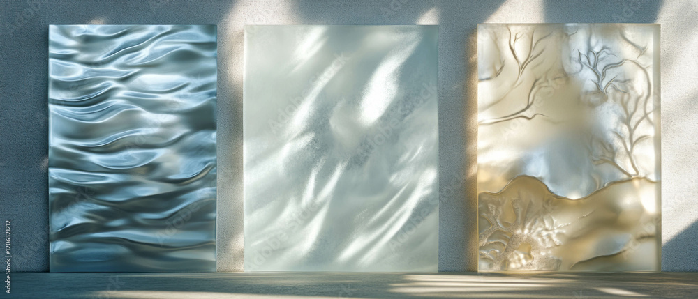 Poster frosted glass panels showcasing unique textures with softened edges and diffused light effects