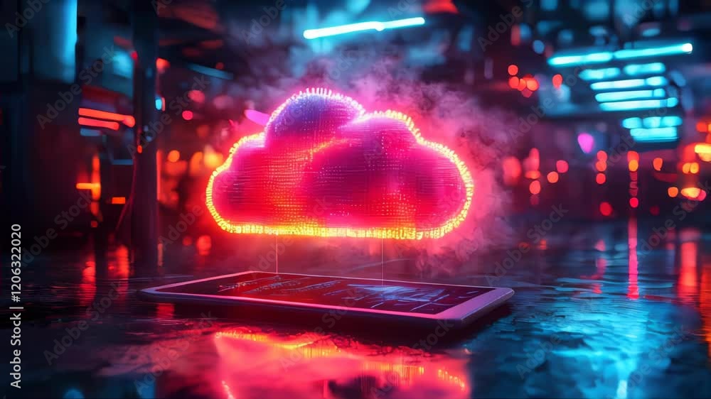 Poster neon digital cloud hovering over a tablet, representing cloud computing and data storage, with vibra