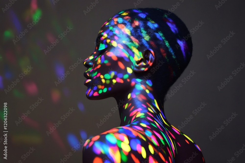 Poster holographic light patterns projected onto model's skin create a vibrant and futuristic effect