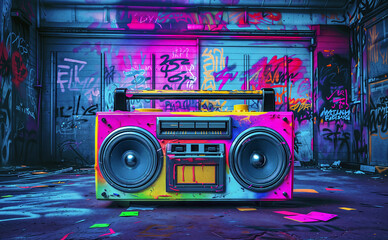 Retro old design ghetto blaster boombox radio cassette tape recorder from 1980s in a grungy graffiti covered room.music blaster
