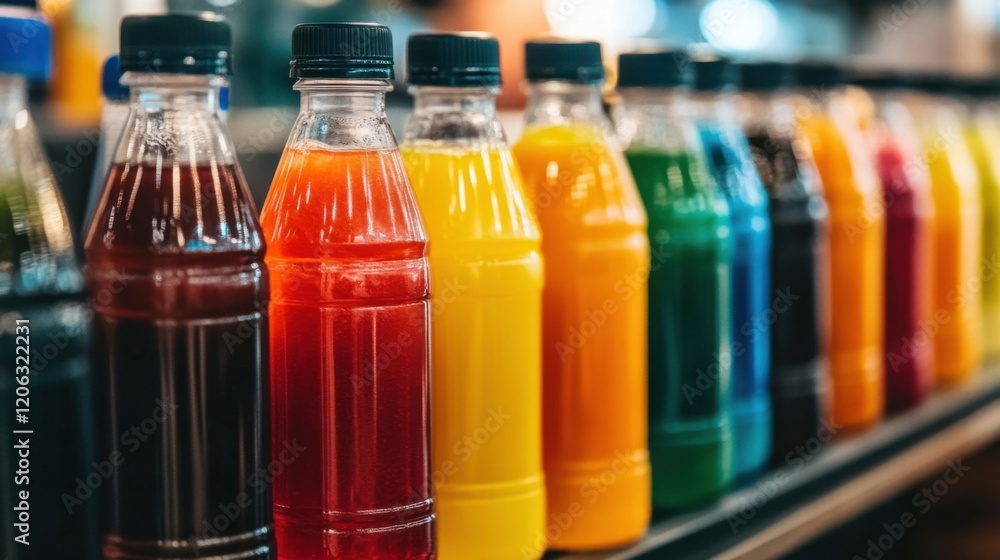 Poster a vibrant display of colorful beverage bottles arranged on a shelf in a store setting