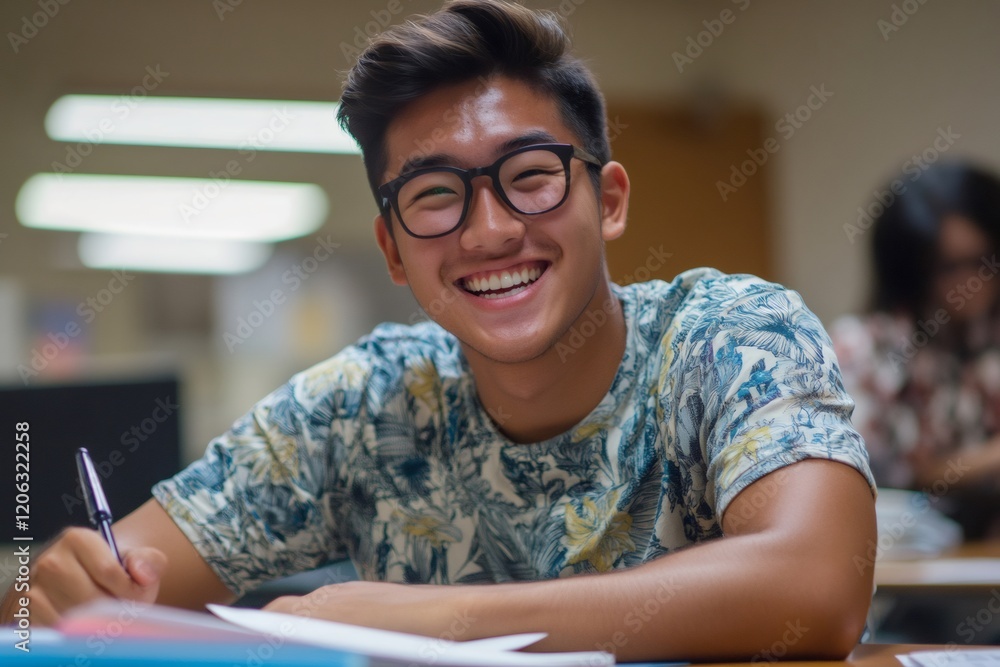 Poster young male student smiling while taking notes and studying in a classroom or library setting