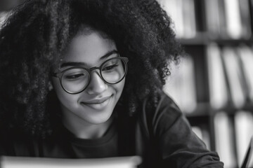 Black and white portrait capturing a young student smiling while deeply engaged in studying and researching among library bookshelves