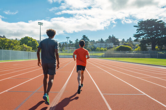 Young athlete sprinting down the track while coach follows closely on a bright, sunny day, embodying determination and motivation - Powered by Adobe